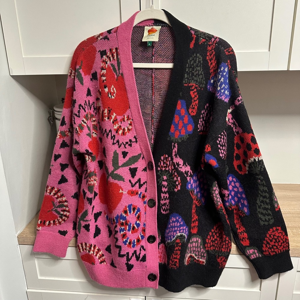 Farm Rio Mixed Snake Mushroom Fruit Cardigan Womens M Button Front Boho Cottage